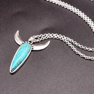 925 Silver Necklace w/ Turquoise Bull Horns Pendant Women's Vintage Boho Gift